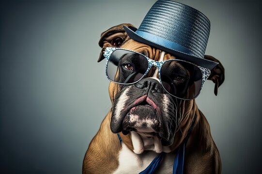 Boxer Dog in Party Gear: Hat & Sunglasses. Photo generative AI