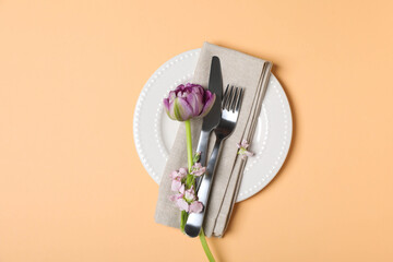 Concept of spring season table setting, top view