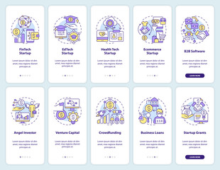 IT startup industries and finances onboarding mobile app screens set. Walkthrough 5 steps editable graphic instructions with linear concepts. UI, UX, GUI template. Myriad Pro-Bold, Regular fonts used
