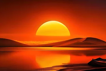 Foto auf Acrylglas Backstein Orange landscape illustration. Sun at sunset. Ai generative.