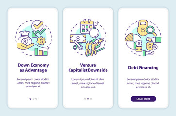 Fundraising tips onboarding mobile app screen. IT industry financing walkthrough 3 steps editable graphic instructions with linear concepts. UI, UX, GUI template. Myriad Pro-Bold, Regular fonts used