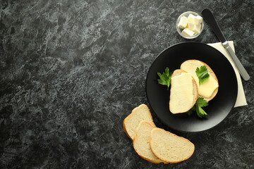 Concept of breakfast, eat food with butter, space for text
