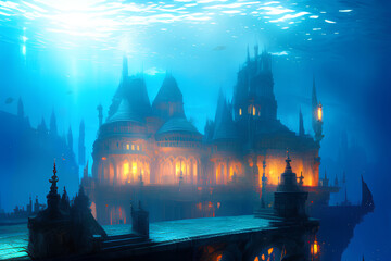 Fototapeta premium A monastery, church or temple, build in an underwater city with pointed spiral domes looking majestic and beautiful lighted up. Building in the deep sea or ocean, fantasy landscape. Generative AI art.