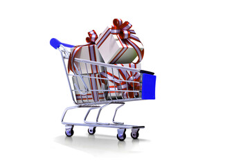 shopping cart full of gift boxes with red ribbon
