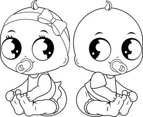 Cute babies, a baby girl and a baby boy. Vector black and white coloring page.