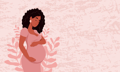 Obraz na płótnie Canvas Healthy pregnancy banner. Beautiful pregnant black woman hugs her belly. The concept of pregnancy and motherhood. Healthy pregnancy. Vector illustration in cute cartoon style.