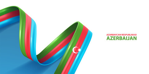 Azerbaijan ribbon flag. Bent waving ribbon in colors of the Azerbaijan national flag. National flag background. - obrazy, fototapety, plakaty