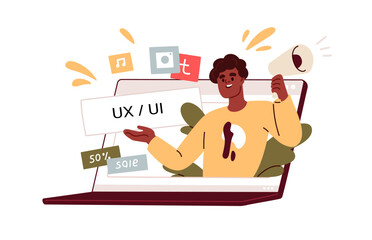 UX UI design development, creative online course. Internet education for web-designers, website developers. E-learning, virtual school concept. Flat vector illustration isolated on white background