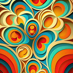 Pattern with bright flowers in the style of the 70s. Generative AI.