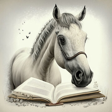 A horse that looks happy and friendly close to books. Illustration for Children's Books. Generative AI.