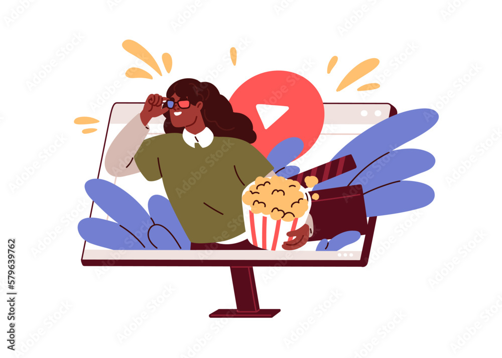 Poster films and series, online streaming video content service. computer screen with movie lover with popc