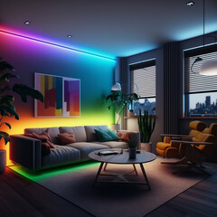 Modern living room interior design with colorful strip lights. Generative AI.