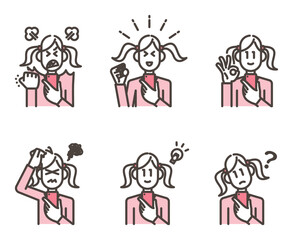 Vector illustration of a girl with a smartphone in one hand and various expressions on her face.