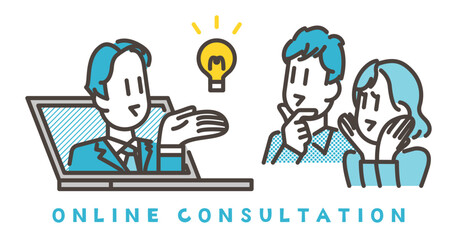 Fototapeta na wymiar Male businessperson smiling and explaining to a couple during an online consultation [Vector illustration].