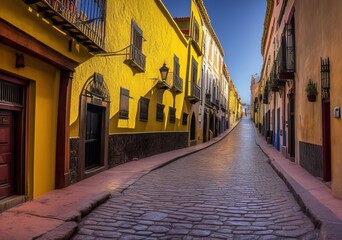 Obraz premium Mexican street, Guanajuato, Narrow street country, Street in the town, Mexican Downtown, old street in the town country, Mexican town, Generative AI