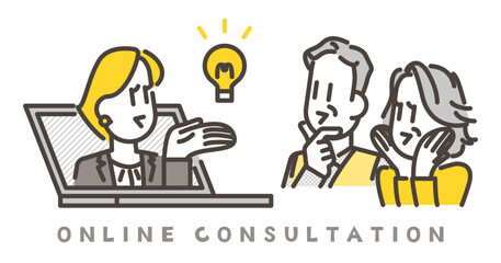 Female businessperson smiling and explaining to an elderly couple during an online consultation [Vector illustration].