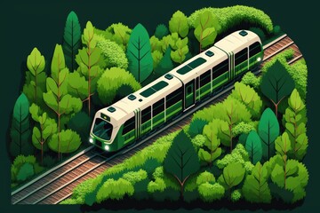 A digital illustration of a green and white train traveling through a dense green forest.
