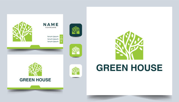 green house symbol, icon design. Nature, home tree logo design vector with business card design 