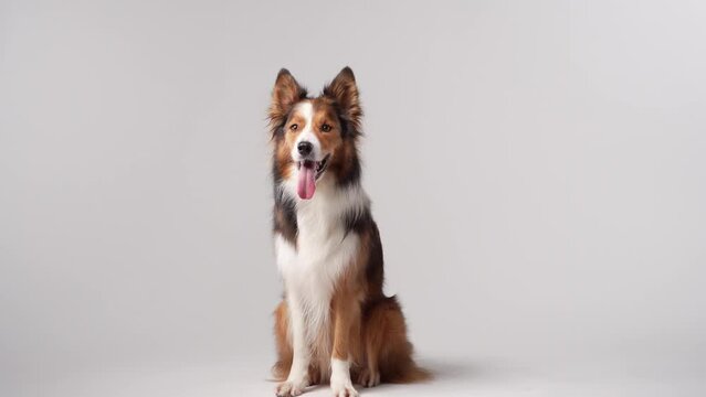 funny dog on a light background. Happy border collie in studio playing, waving its paws, following commands
