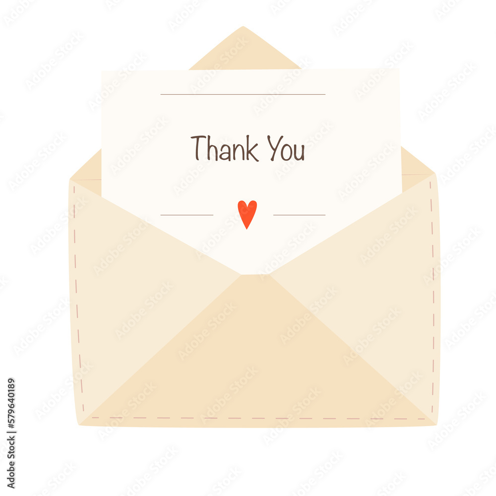 Wall mural Mail envelope with a sheet of paper with the inscription Thank you and a heart. Illustration on transparent background