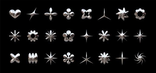 Y2K chrome elements for design - stars, flowers, and other simple geometric shapes. Trendy collection of vector abstract figures with a shiny metallic effect - obrazy, fototapety, plakaty