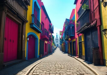 Fototapeta na wymiar Mexican street, Guanajuato, Narrow street country, Street in the town, Mexican Downtown, old street in the town country, Mexican town, Generative AI
