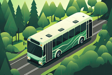 Electric bus with green wave design on a curvy road in a forested area.