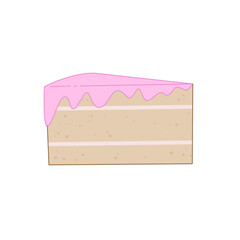 A cartoon piece of cake with a pink cream. Illustration on transparent background