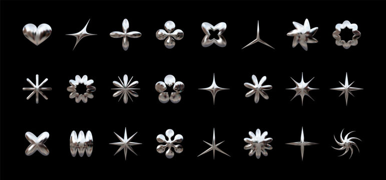 Y2K chrome elements for design - stars, flowers, and other simple geometric shapes. Trendy collection of vector abstract figures with a shiny metallic effect
