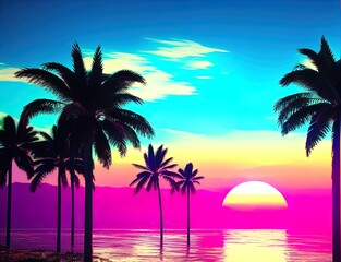 Fototapeta na wymiar Vaporwave summer, Illustration with sun and palm trees, Tropical sunset with trees, Palm trees at sunset, Sunset over the sea, Palm trees on the beach, Generative AI