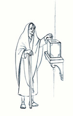Pencil drawing. The poor widow put 2 mites in the treasury