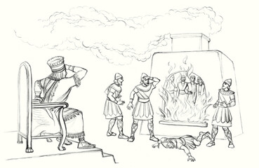 Pencil drawing. King Nebuchadnezzar ordered Shadrach, Meshach and Abednego to be thrown into the furnace