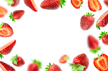 Strawberry cut out pattern. Ripe fresh flying red strawberry isolated on white background. With clipping path. Summer delicious sweet berry organic fruit, food, diet, vitamins, creative layout
