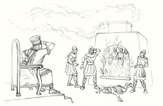 Pencil Drawing. King Nebuchadnezzar Ordered Shadrach, Meshach And Abednego To Be Thrown Into The Furnace