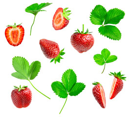 Strawberry cut out. Ripe fresh red strawberry, green leaves isolated on white background. With clipping path. Summer delicious sweet berry organic fruit food diet vitamins creative Mockup