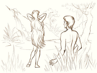 Adam saw Eve. Pencil drawing - obrazy, fototapety, plakaty