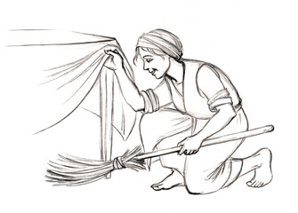 The woman is sweeping the floor. Pencil drawing