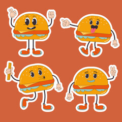 Cartoon character retro sticker burger food 70s. In trendy groovy hippie retro style.