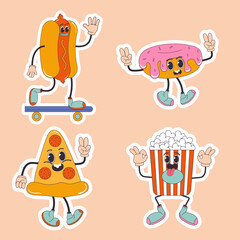 Cartoon character retro sticker pizza, hot dog,  donut,  popcorn,  fast food 70s. In trendy groovy hippie retro style.