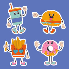 Cartoon character retro sticker  drink, burger, donut, French fries, fast food 70s. In trendy groovy hippie retro style.