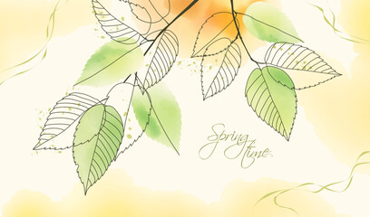 1359_ Vector watercolor background of twigs with fresh green leaves