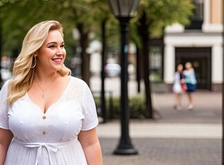 Confident overweight woman walking the city street. Generative AI - obrazy, fototapety, plakaty
