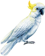 Watercolor colored birds Set. tropical bird, parrot cockatoo. White isolated background, hand drawing