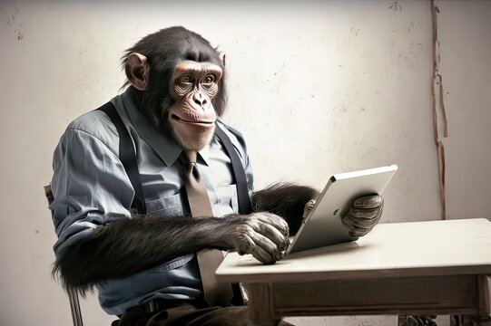 Chimp in suit using tablet. Photo generative AI