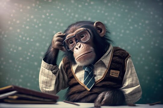 Chimp Student Scratching Head in Thought. Photo generative AI