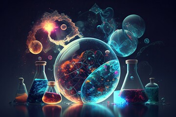 Science background illustration, scientific design. Flasks, glass and chemistry, physics elements. Generative AI