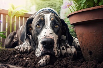 Playfull Dog Digging Up Garden flower. Photo generative AI