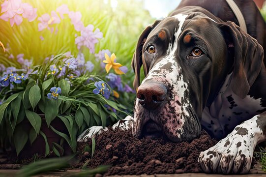 Playfull Dog Digging Up Garden flower. Photo generative AI