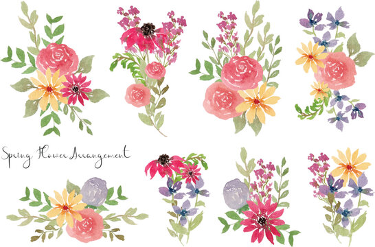 cute hand painted spring flower and leaf arrangement watercolor collection