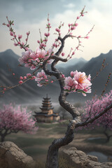 Serene Chinese landscape with pink blossoming peach tree